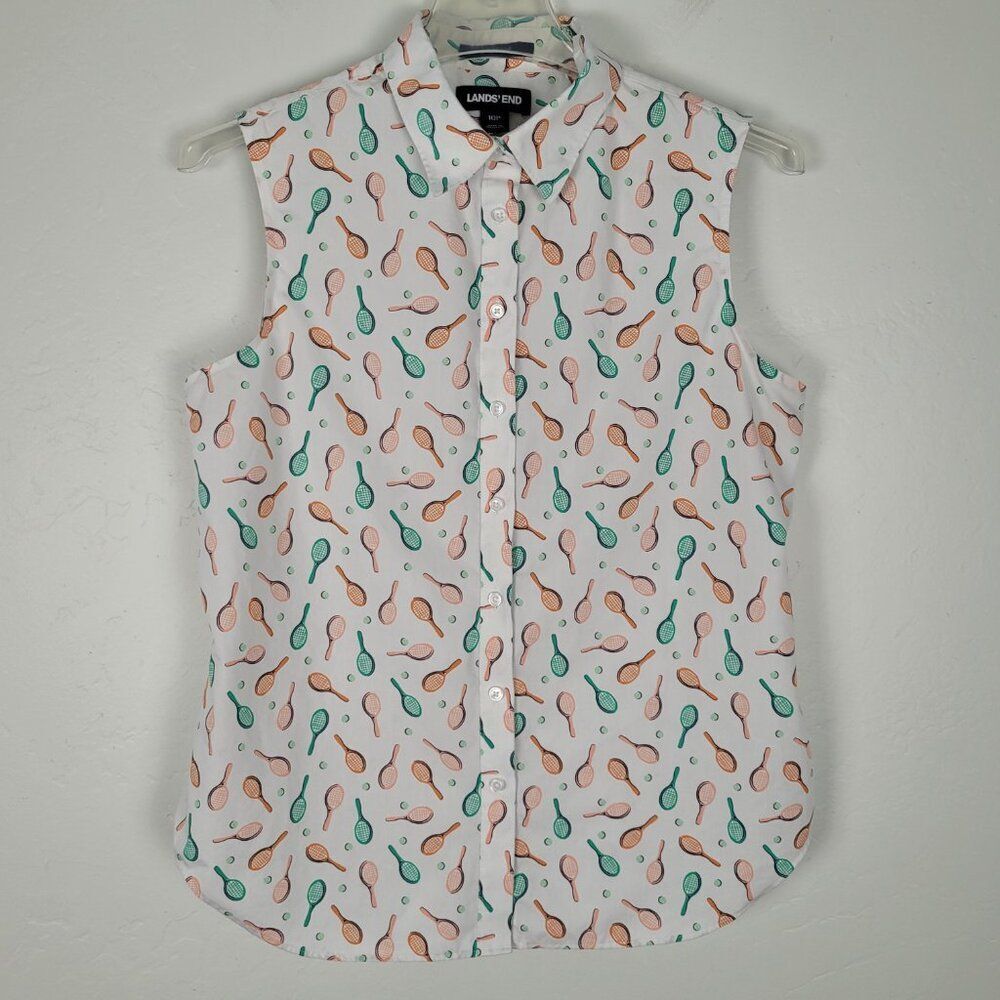 Lands' End Size 10P No Iron Supima Cotton Sleeveless Button Shirt Tennis White